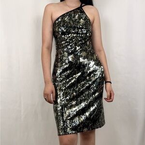 Express sequins gold and silver one shoulder dress